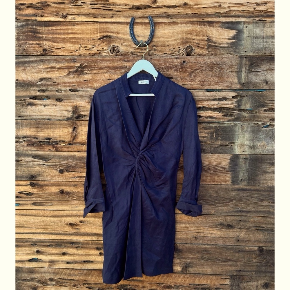 SANDRO | Navy Blue Linen Blend Italy Celia Ruched Shirt Dress US 4